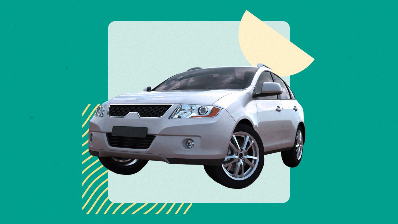 An image of a silver SUV against a light screen square on a dark green background.
