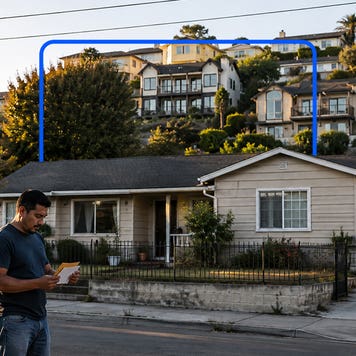 Man looks at mail with a home in the background and mansions on the hill beyond
