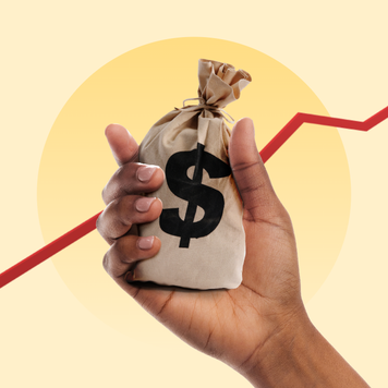A hand grasps a bag of money, and an upward trend line is seen in the background